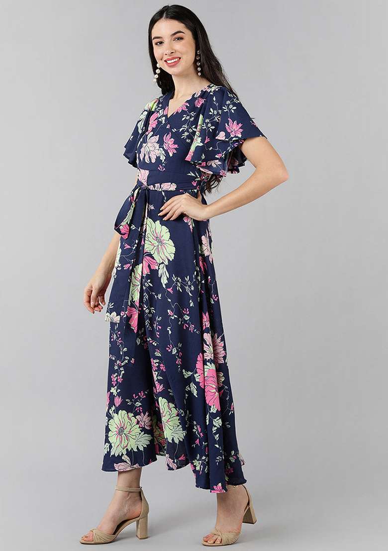 Purple Floral Print Georgette Gown - Indya