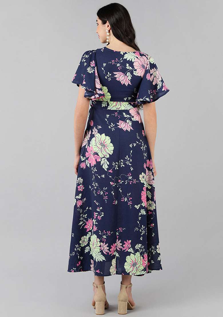Purple Floral Print Georgette Gown - Indya