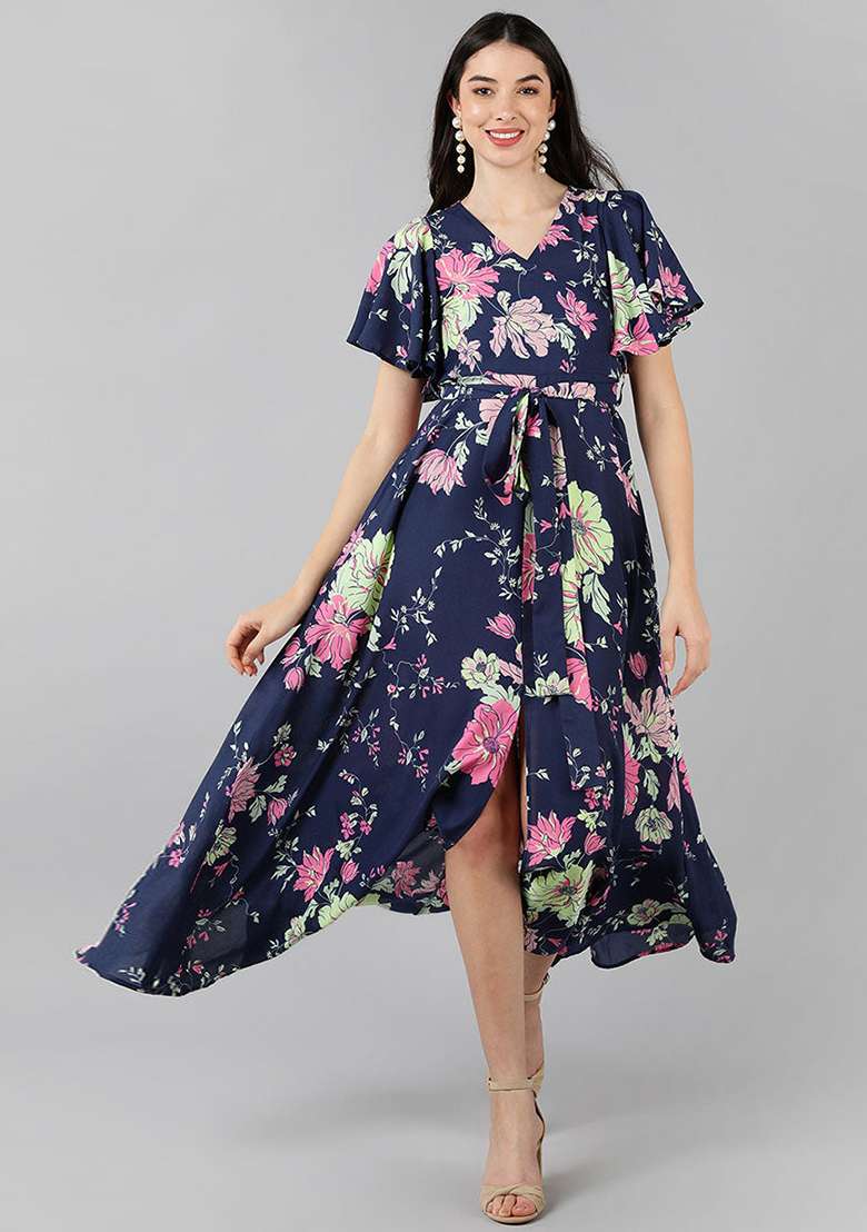Purple Floral Print Georgette Gown - Indya