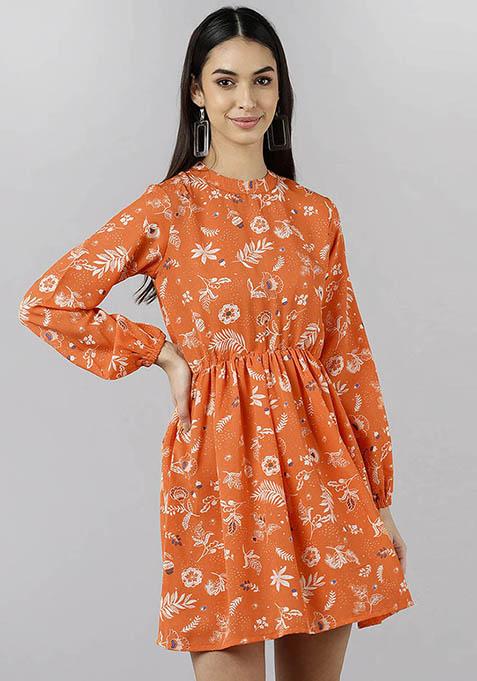 Orange Printed Polyester Dress