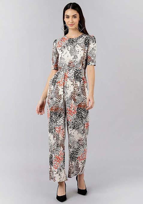 White Printed Polyester Jumpsuit