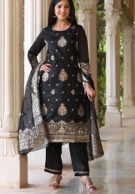 Black Printed Poly Chanderi Kurta Set