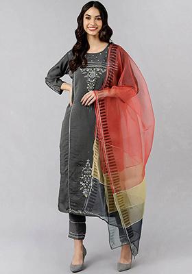Grey Embroidered Poly Silk Kurta Set