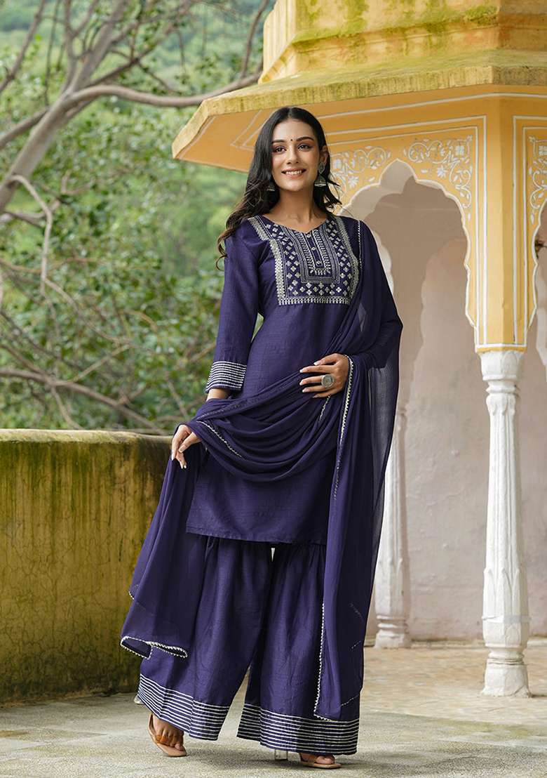 Navy Blue Embroidered Silk Sharara Set - Indya