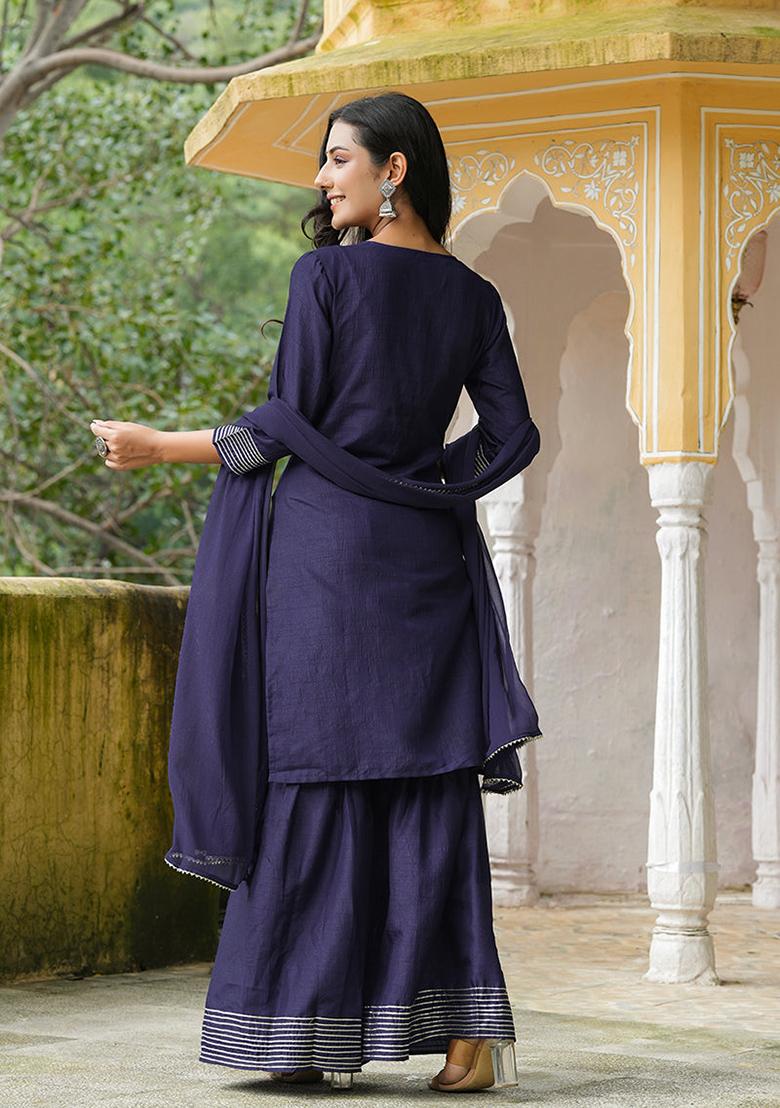 Navy Blue Embroidered Poly Silk Kurta Set