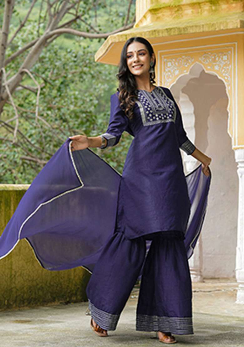 Navy Blue Embroidered Silk Sharara Set - Indya