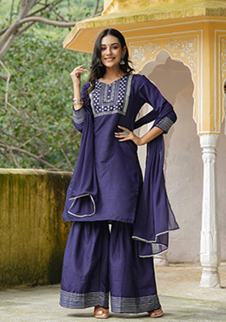 Navy Blue Embroidered Poly Silk Kurta Set