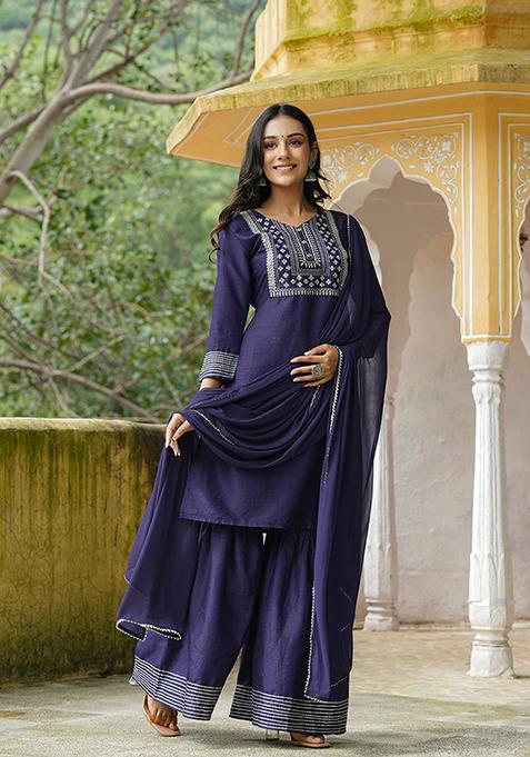 Navy Blue Embroidered Poly Silk Kurta Set