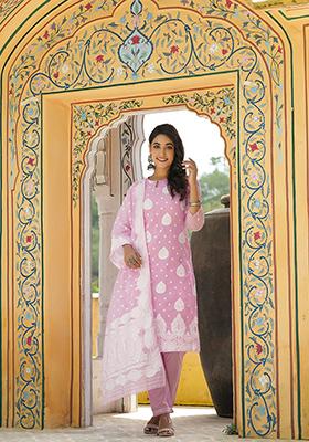 Pink Printed Poly Chanderi Kurta Set