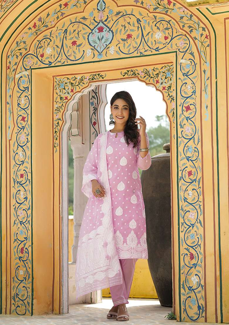Pink Chikankari Chanderi Straight Kurta Set - Indya
