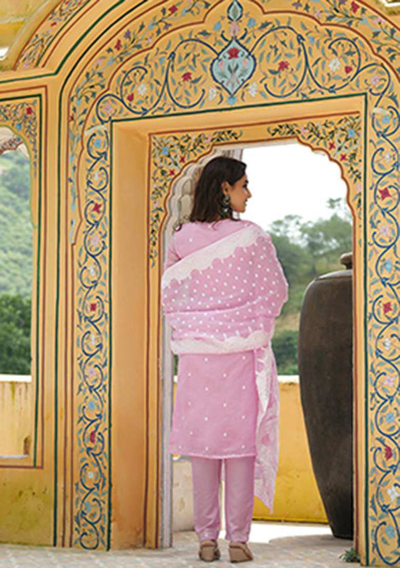 Pink Chikankari Chanderi Straight Kurta Set - Indya