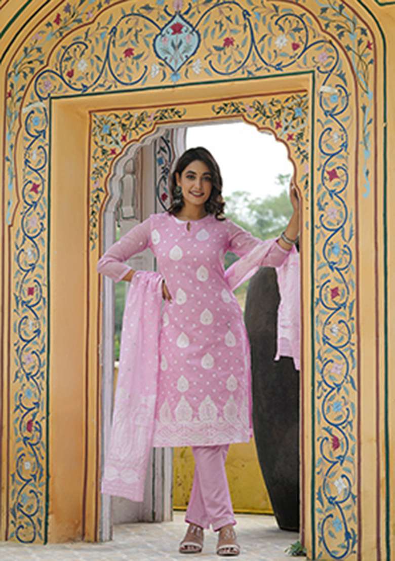 Pink Chikankari Chanderi Straight Kurta Set - Indya