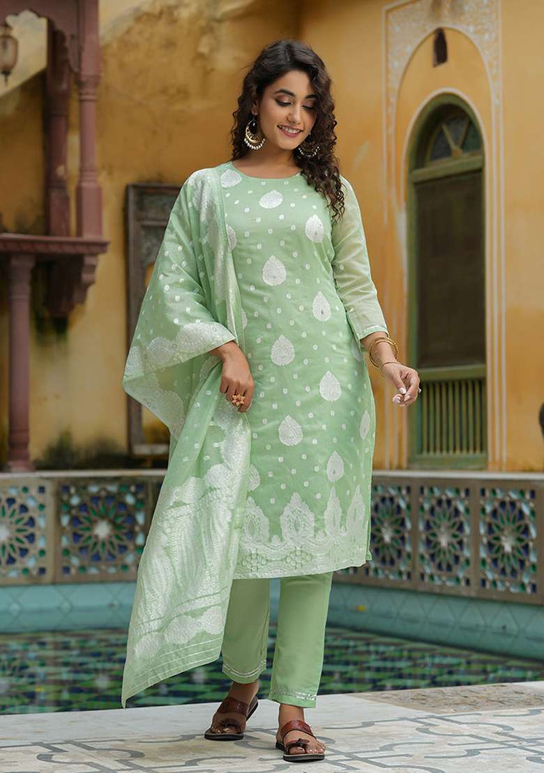 Green Chikankari Chanderi Straight Kurta Set - Indya