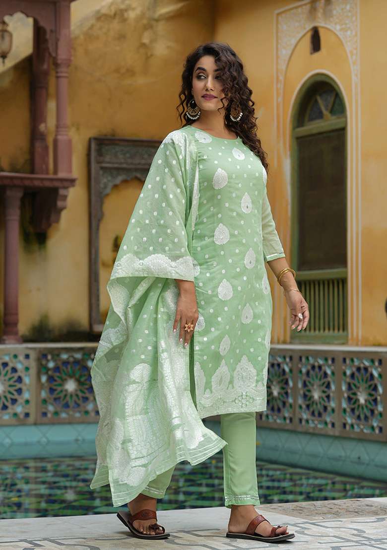 Green Chikankari Chanderi Straight Kurta Set - Indya