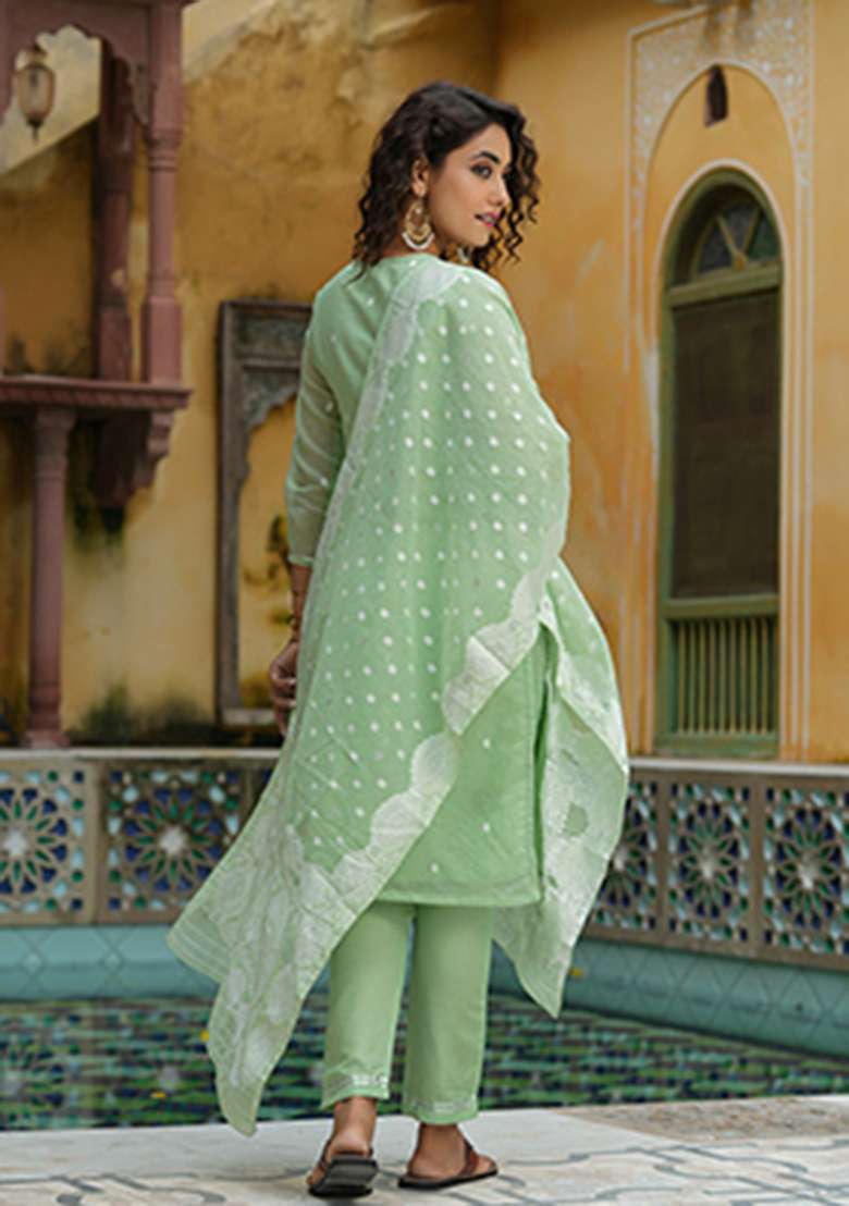 Green Chikankari Chanderi Straight Kurta Set - Indya