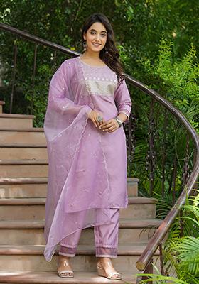 Mauve Solid Poly Silk Kurta Set