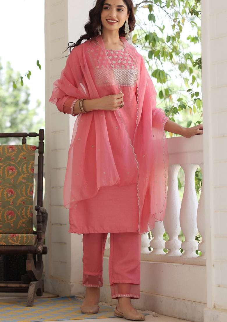 Pink Embroidered Silk Blend Straight Kurta Set - Indya