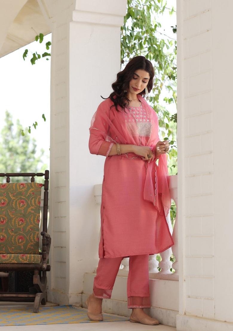Pink Solid Poly Silk Kurta Set