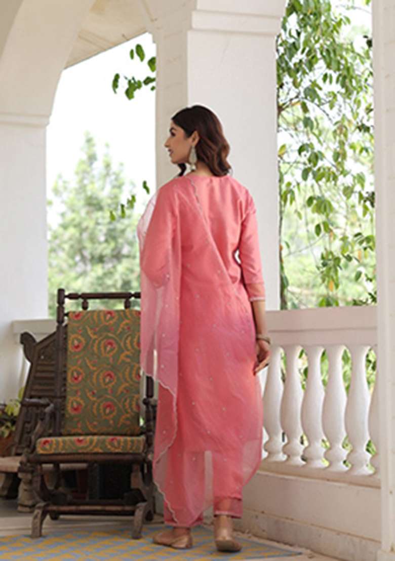 Pink Embroidered Silk Blend Straight Kurta Set - Indya