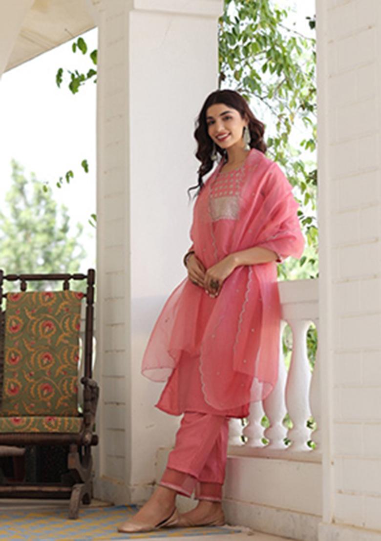 Pink Solid Poly Silk Kurta Set