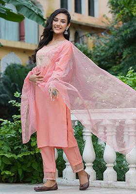 Peach Solid Poly Silk Kurta Set