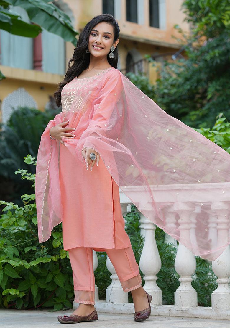 Peach Solid Poly Silk Kurta Set
