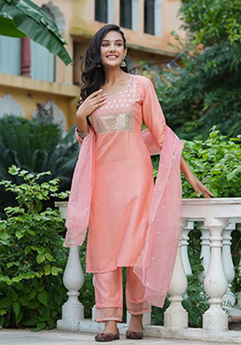 Peach Solid Poly Silk Kurta Set