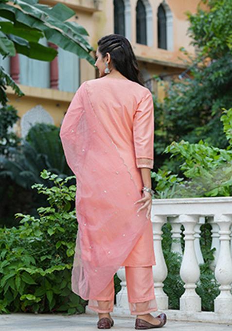 Peach Solid Poly Silk Kurta Set