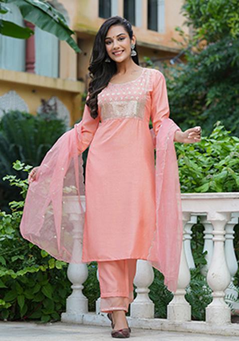 Peach Solid Poly Silk Kurta Set