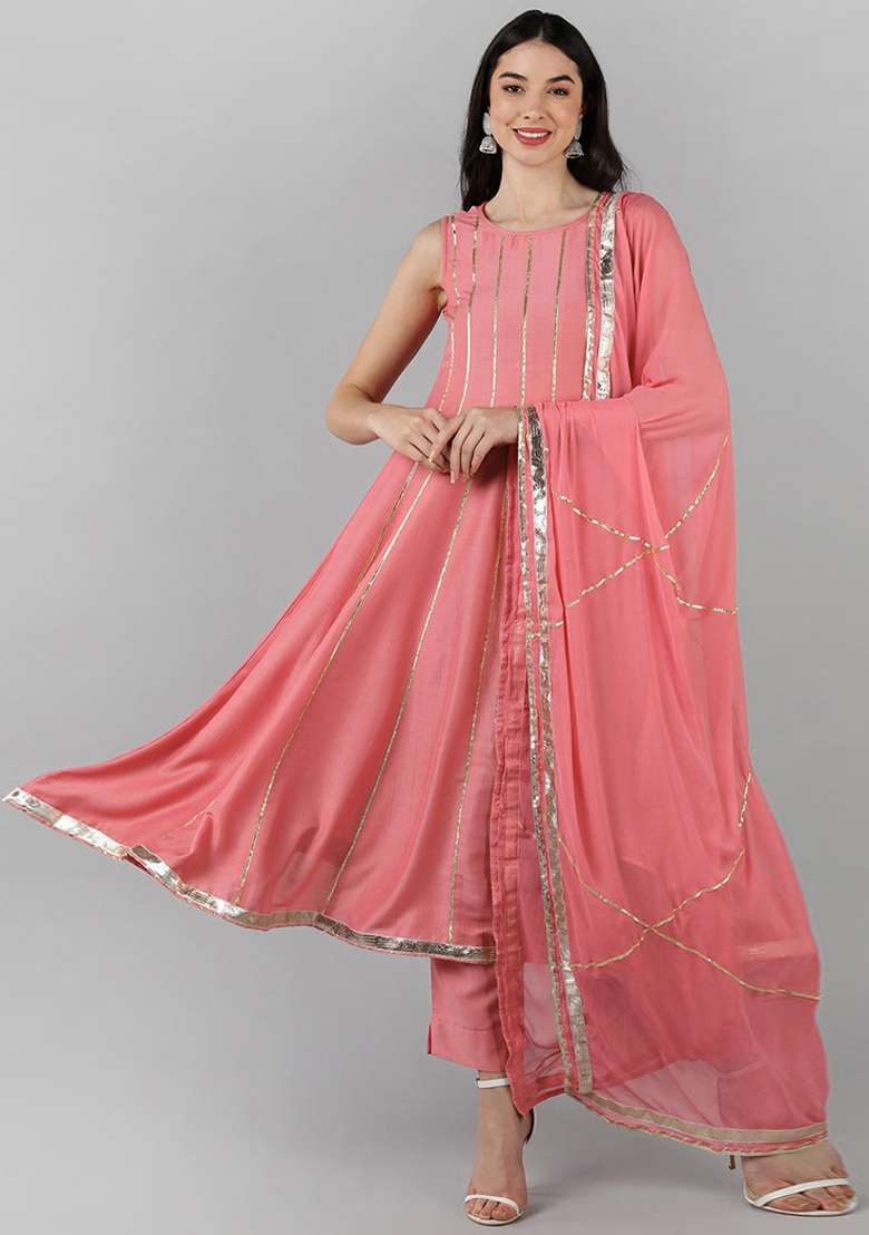 Pink Zari Work Silk Blend Anarkali Set - Indya