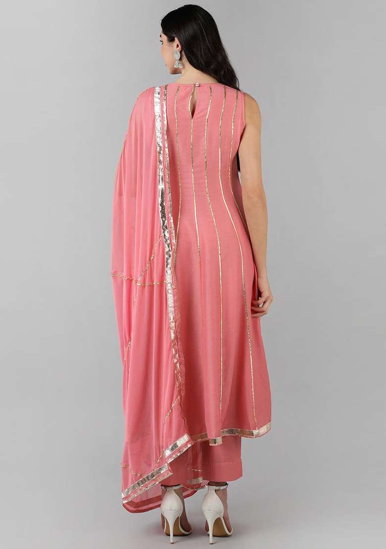 Pink Zari Work Silk Blend Anarkali Set - Indya