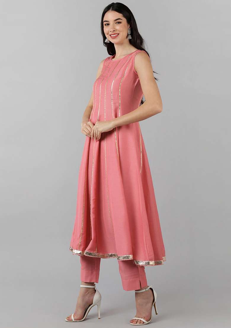 Pink Zari Work Silk Blend Anarkali Set - Indya