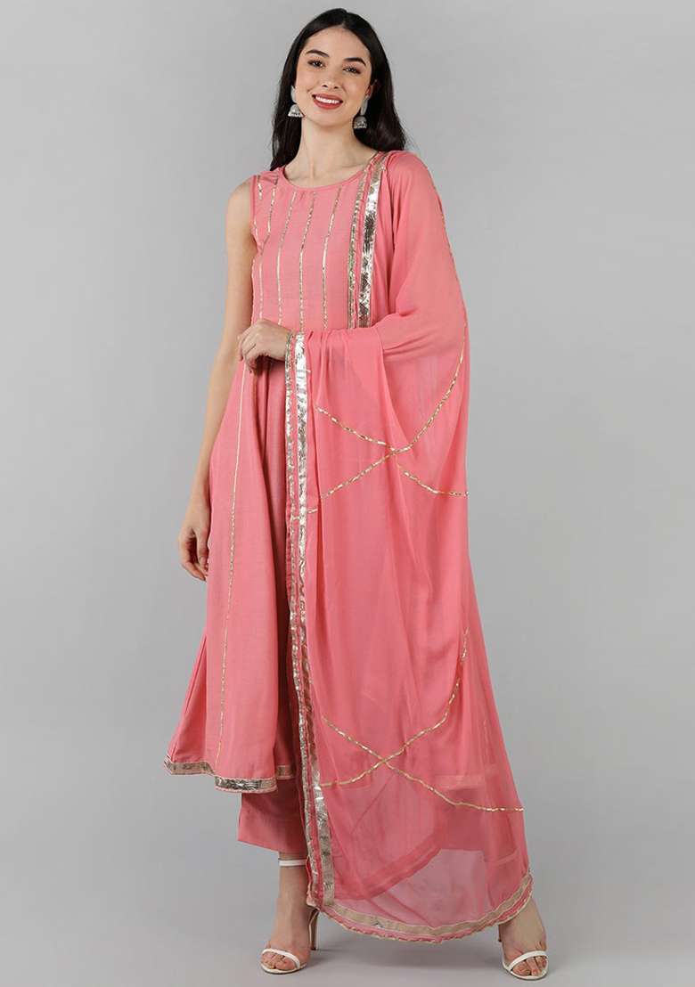 Pink Zari Work Silk Blend Anarkali Set - Indya