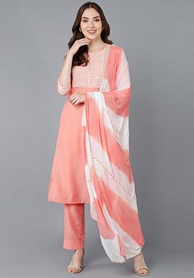 Peach Embroidered Poly Silk Kurta Set