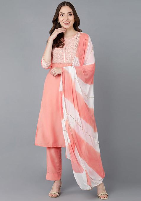 Peach Embroidered Poly Silk Kurta Set