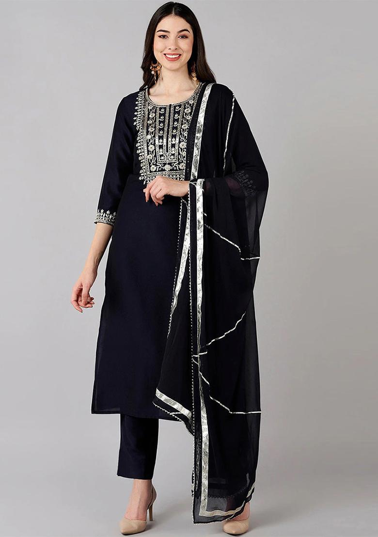 Navy Blue Embroidered Polyester Kurta Set