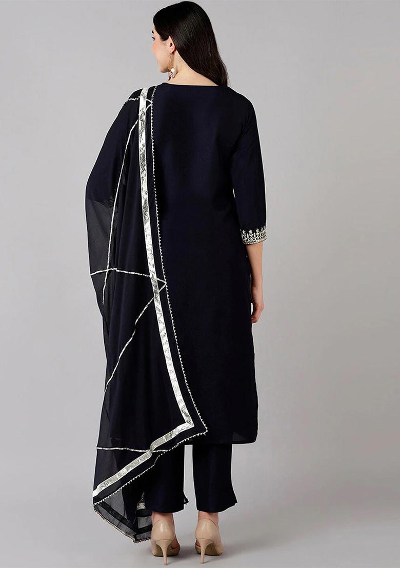 Navy Blue Embroidered Polyester Kurta Set