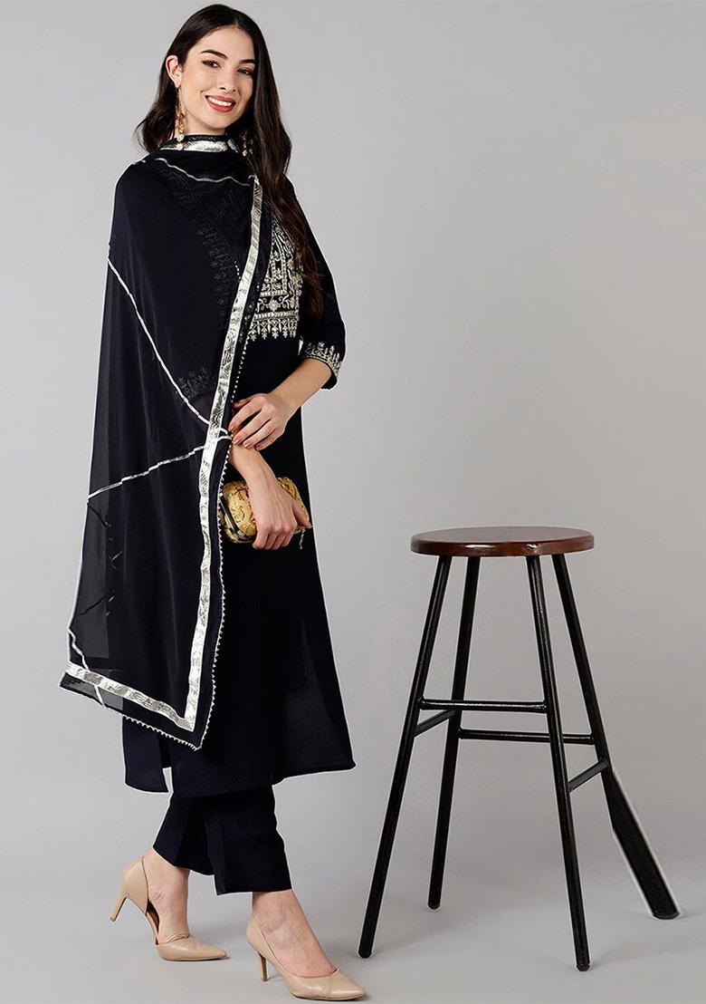 Navy Blue Embroidered Polyester Kurta Set