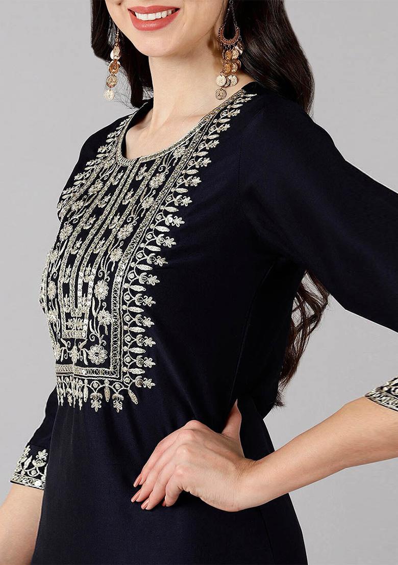 Navy Blue Embroidered Polyester Kurta Set