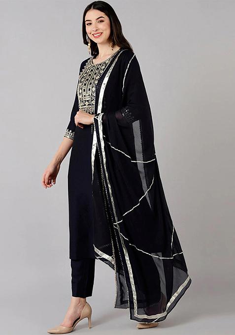 Navy Blue Embroidered Polyester Kurta Set