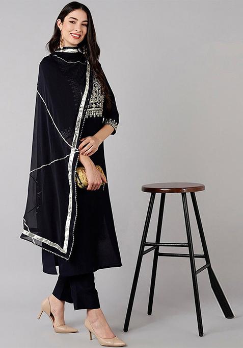 Navy Blue Embroidered Polyester Kurta Set