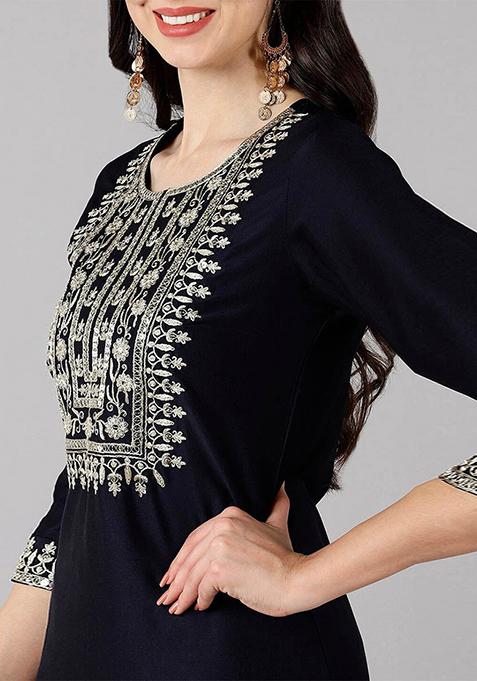 Navy Blue Embroidered Polyester Kurta Set