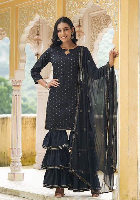 Black Printed Poly Chanderi Kurta Set