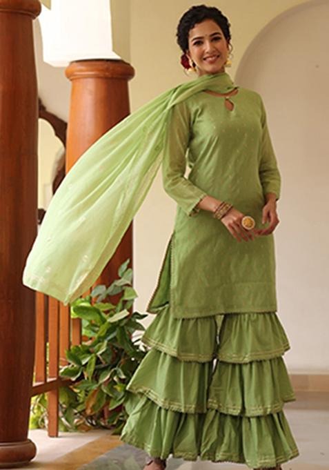 Green Printed Poly Chanderi Kurta Set