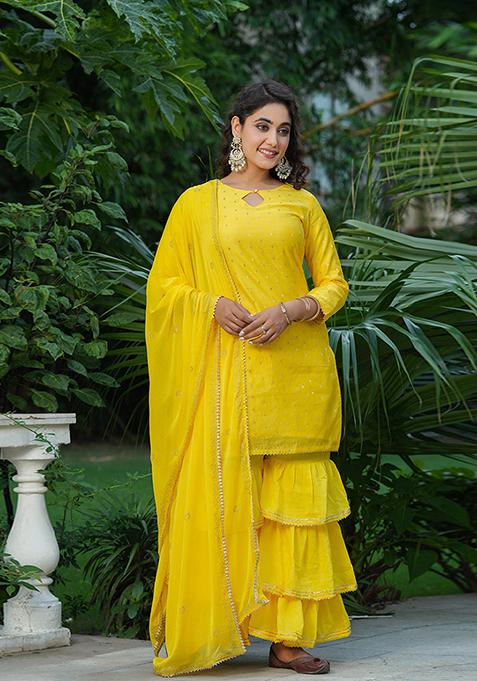 Yellow Embroidered Poly Chanderi Kurta Set