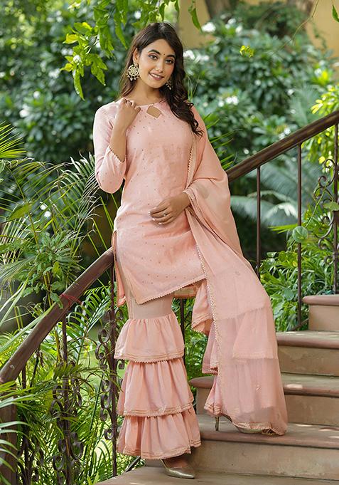 Pink Printed Poly Chanderi Kurta Set