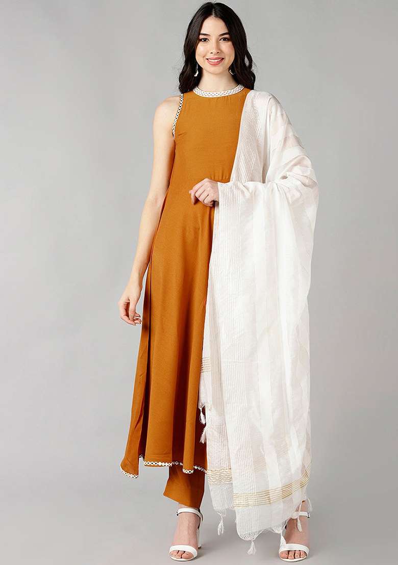 Mustard Solid Silk Blend A Line Kurta Set - Indya