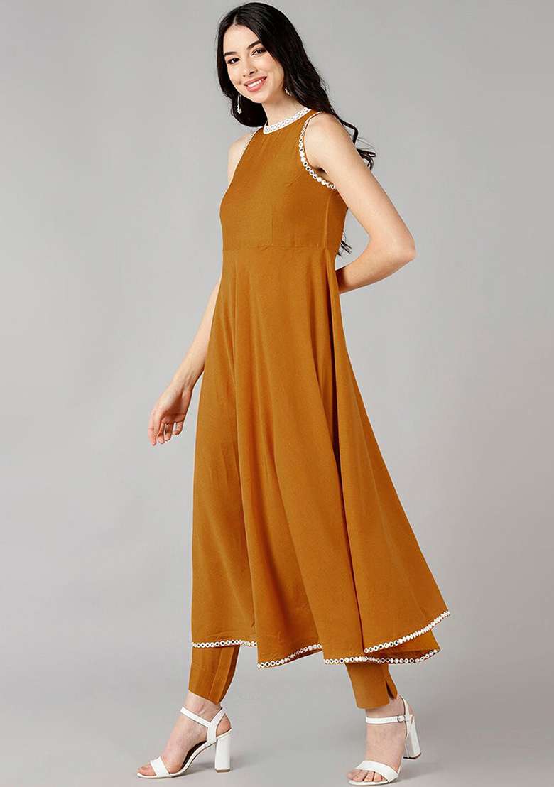 Mustard Solid Silk Blend A Line Kurta Set - Indya