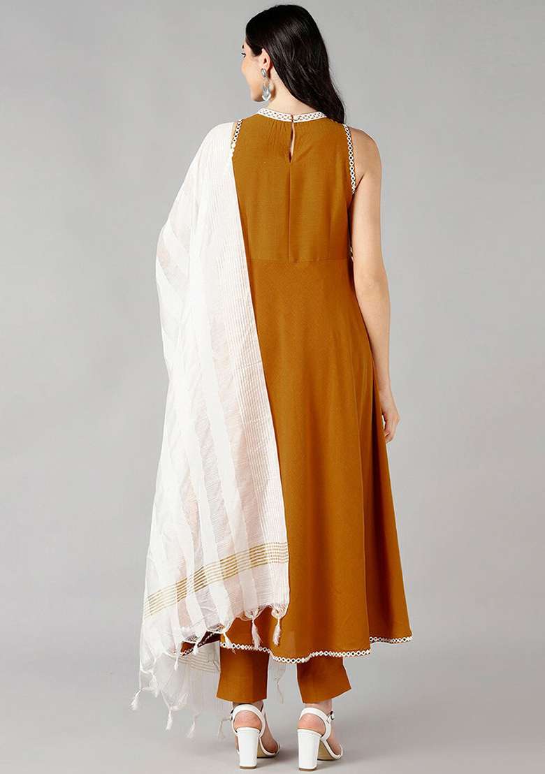 Mustard Solid Silk Blend A Line Kurta Set - Indya
