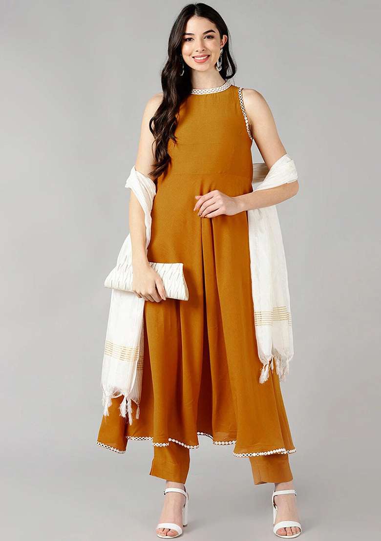 Mustard Solid Silk Blend A Line Kurta Set - Indya